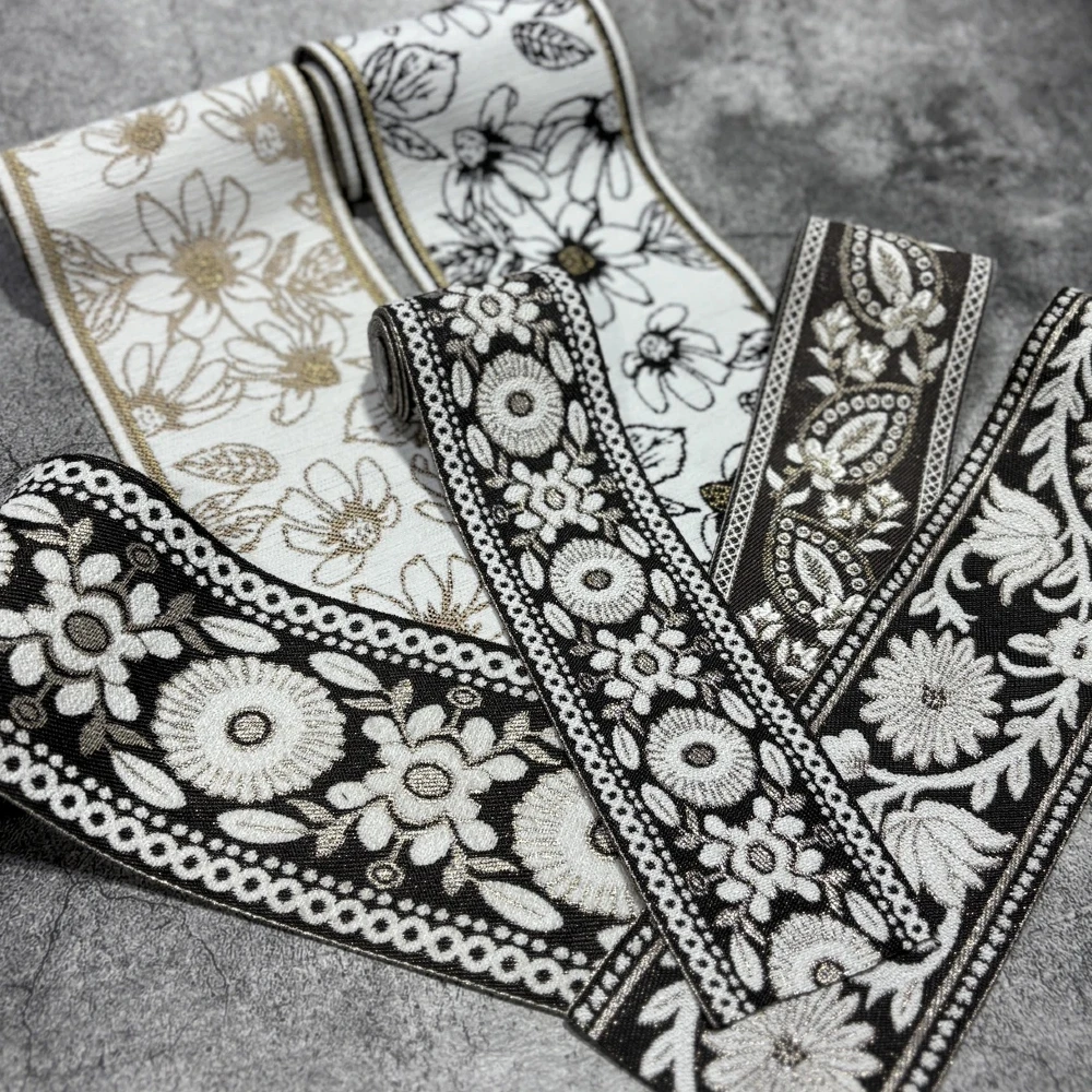 3YARDS 5.9CM~10CM Width White Flower iEthnic Style Webbing Woven Jacquard Ribbon Gold and Silver Thread For Garment Accessories