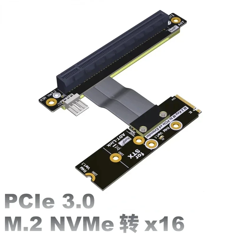 ADT-Link M.2 NGFF NVMe Key-M SSD To PCI-E 3.0 x16 Gen3 Extender Jumper STX GPU Turn 90 Angled Riser Adapter 4Pin Sata Power Cord