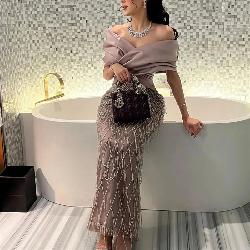 

Customized Luxury Off the shoulder Formal Evening Dresses Lace Beaded Mermaid Pleat Arabia Dubai Prom New In Dresses 2025