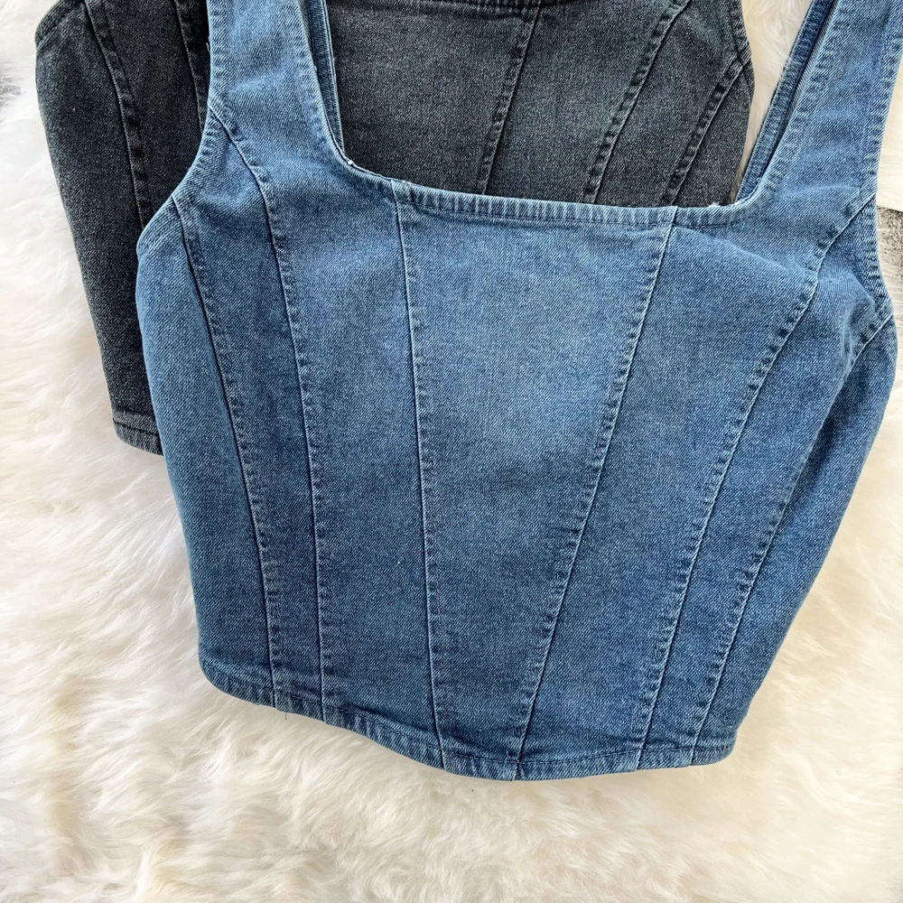 Women Denim Tank Tops Retro Sexy Square Collar Sleeveless Solid Crop Vest Summer Female Zipper Streetwear Short Top