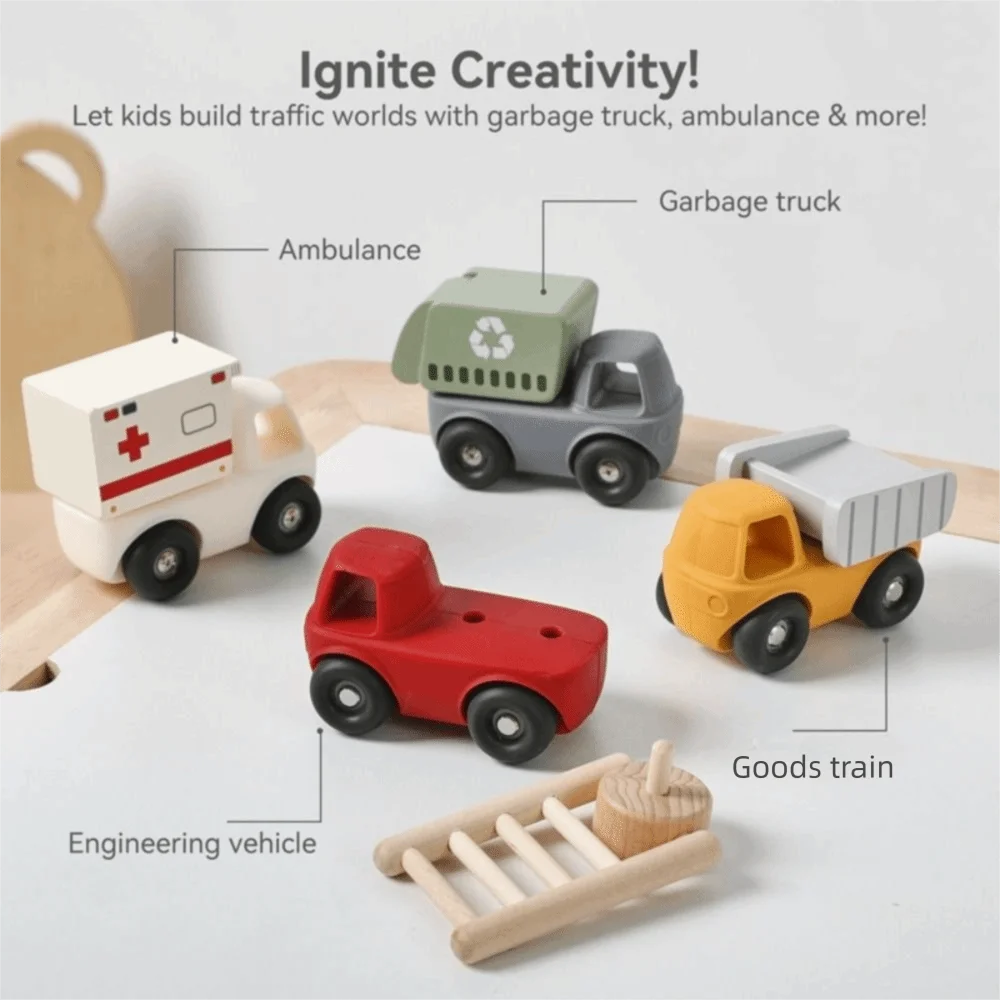 Abnehmbare Montessori-Spiele, Silikonkörper, Holzwagen, Cartoon-Auto, Spielzeug, Mix & Match-Design, multifunktional