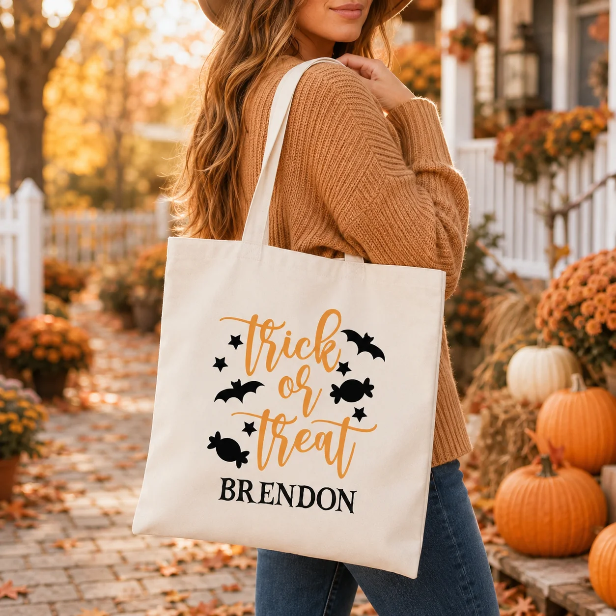 Personalized Trick Or Treat Halloween Tote Bag Custom Name Candy Bag Bat Print Canvas Shoulder Bag Kids Halloween Party Gift