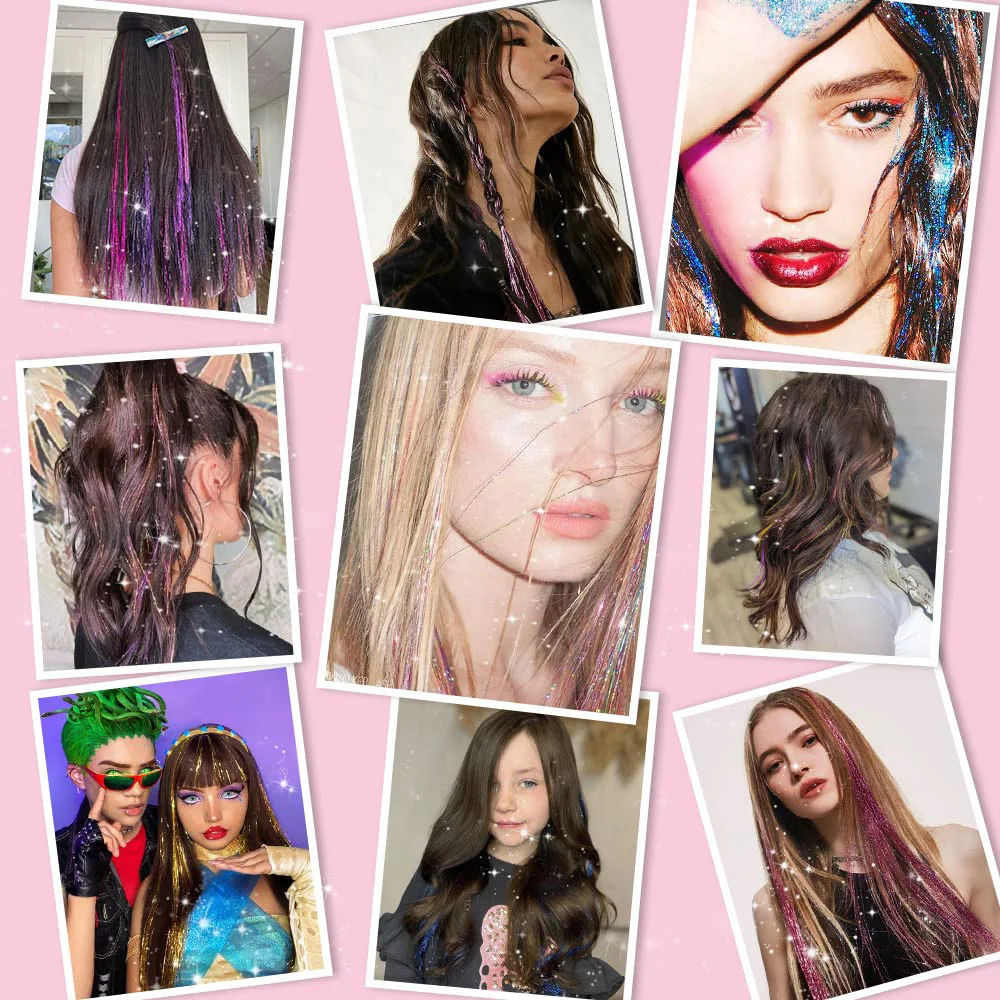 Synthetisches Haar-Lametta-Set, 6-teilig, Haar-Lametta-Clip in glitzernden Lametta-Haarverlängerungen, hitzebeständig, zum Anklipsen im Haar, Lametta, Feenhaar