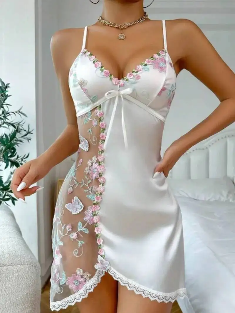 Frauen Neue Mode Sexy Spitze Backless Tiefem V Hosenträger Ärmellose Bowknot Mesh Spleißen Blume Stickerei Nachtwäsche Kleid OW04