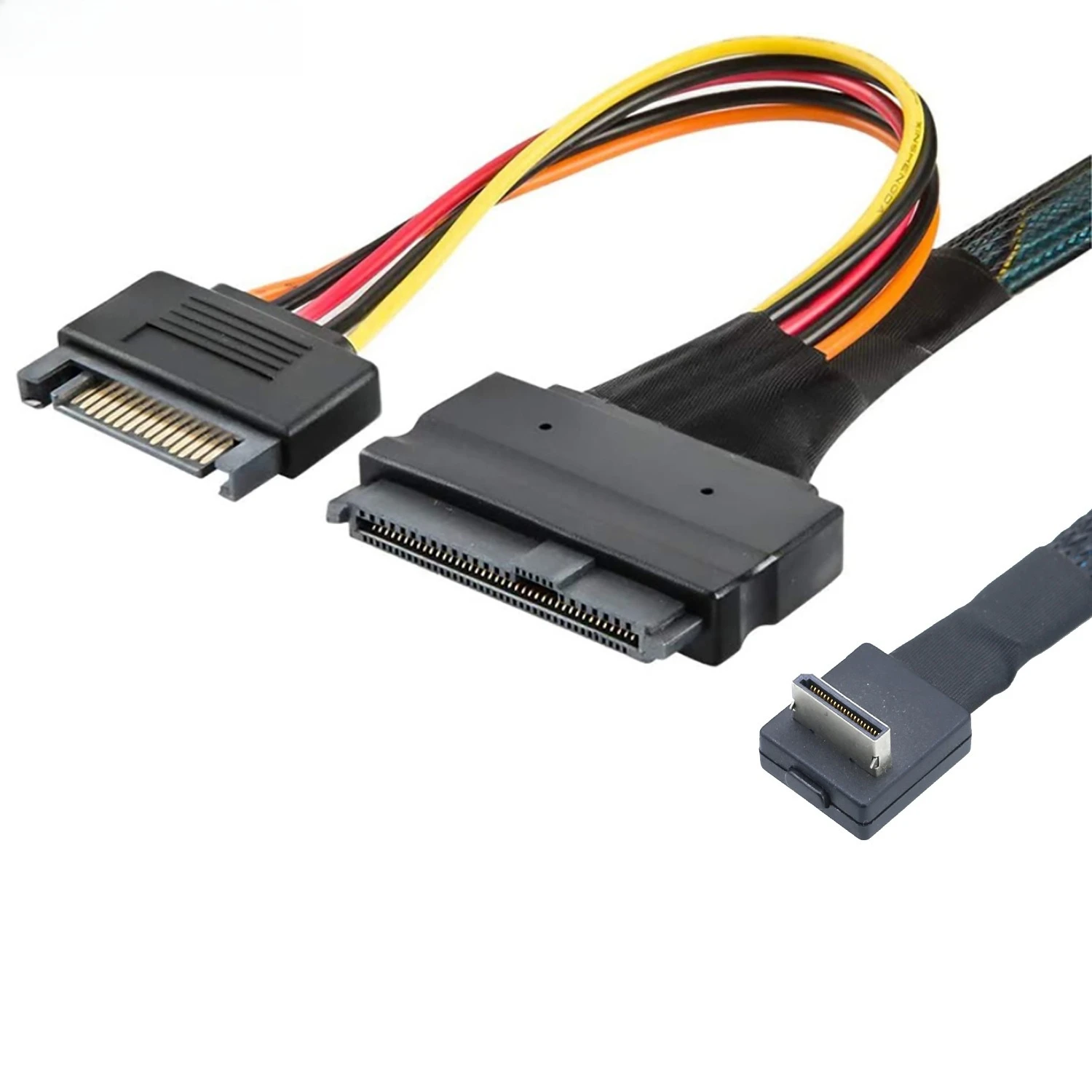 PCI-E Oculink SFF 8611 4I 90 درجة إلى الولايات المتحدة. 2 SAS SFF 8639 + 15P SATA تسخير محول طول الكابل اختياري 0.5M 1M