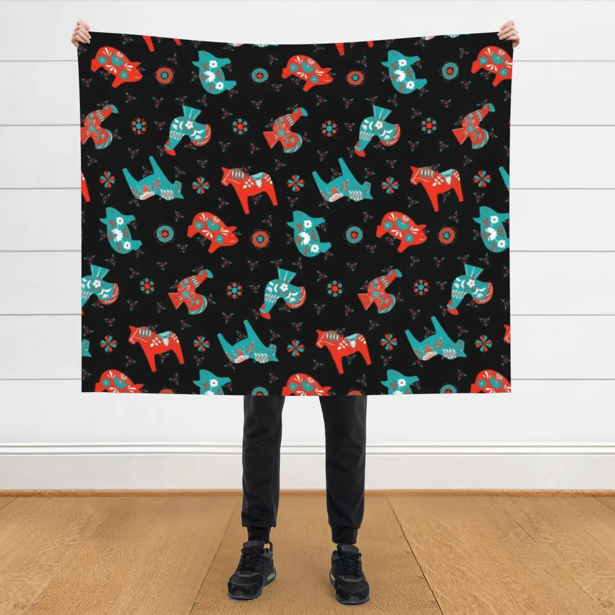

Black Red Turquoise- Folk Art - Swedish Dala Throw Blanket manga Hairy Thermals For Travel Soft Beds Blankets
