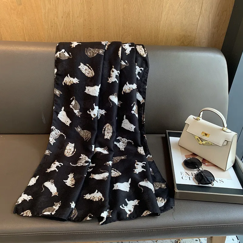 2026 Autumn Winter Women Viscose Scarf Cute Animal Cat Print Soft Hijabs Shawls and Wraps Foulard Echarpe Muslim Sjaal 180*90Cm