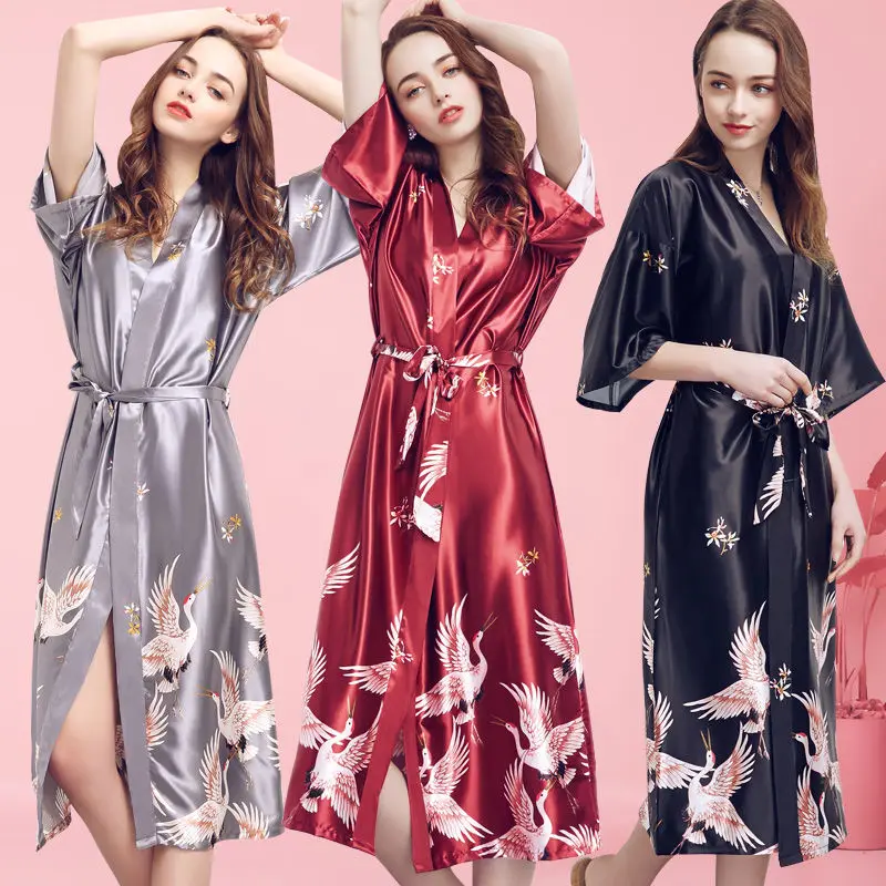 Satin Female Nightgown Kimono Robe Set Sexy Sleepwear Intimate Lingerie Print Crane Home Dressing Gown Loungewear Bathrobe