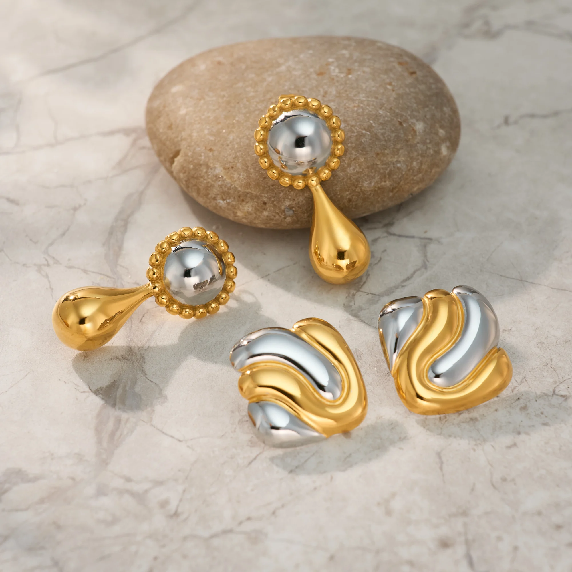 DASEIN Stainless Steel Vintage Polished Teardrop Mix Sun Drop Earrings Ins Trendy 18k Pvd Gold Plated Office Daily Jewelry