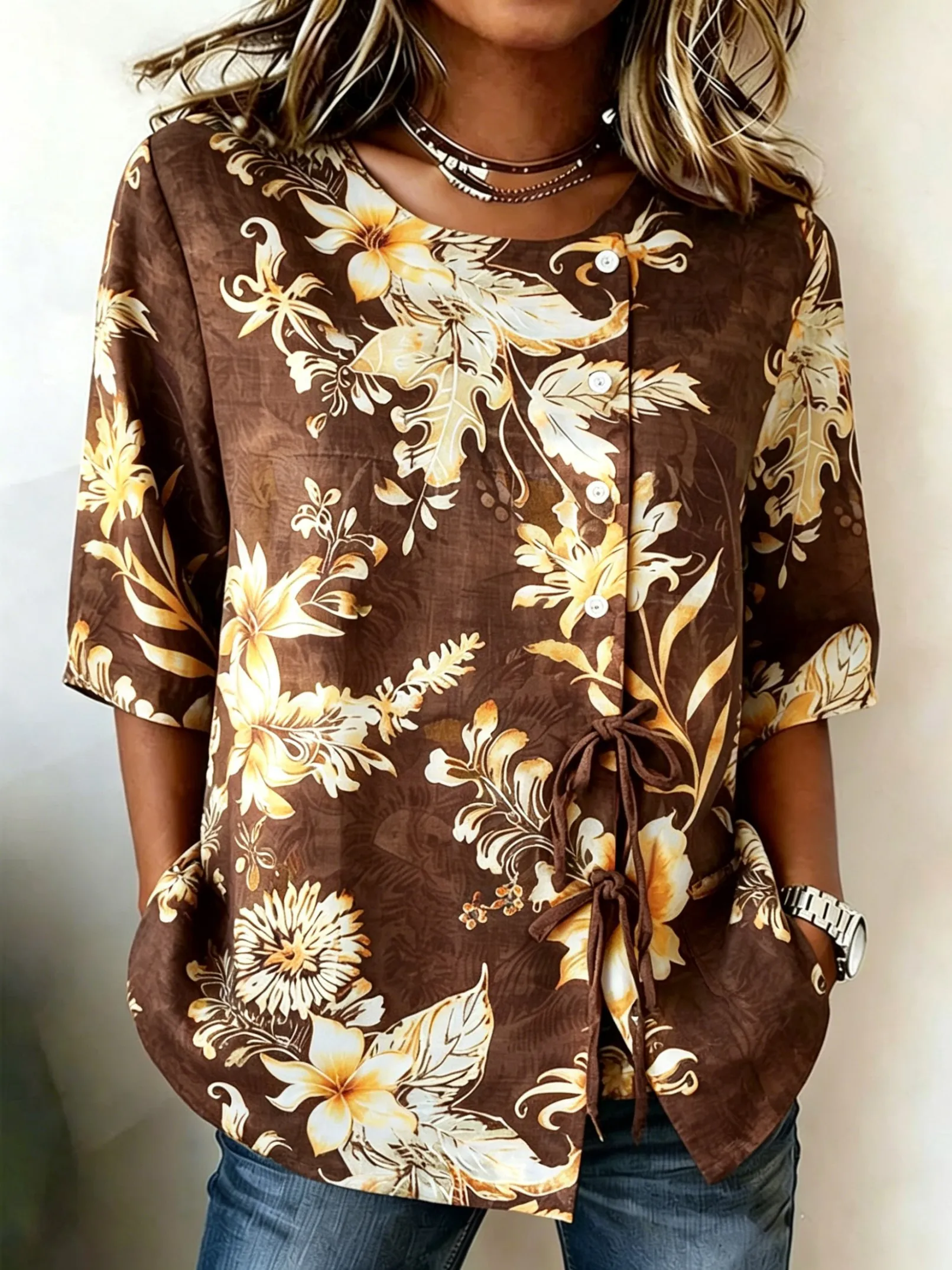 

Women's Retro Brown Tropical Floral Print Button & Tie Front Blouse, Casual Stylish Top for Spring Summer Daily & Versatile Wear