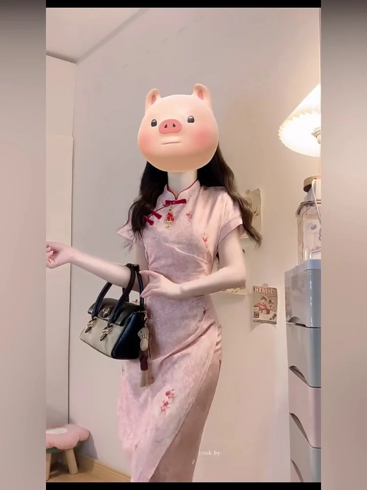 새로운 중국 스타일 핑크 플로럴 디자인 센세이션 여름 국가 트렌드 롱 드레스