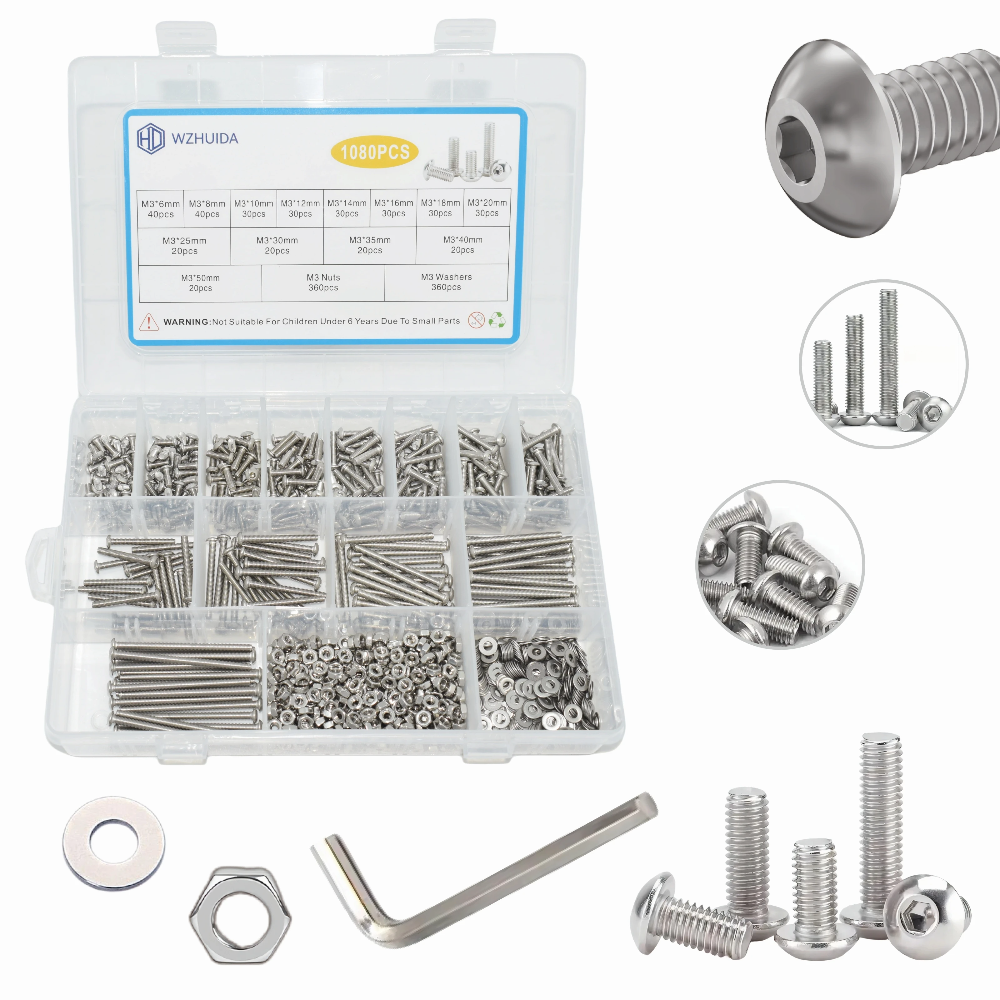 WZHUIDA 1080 Pcs M3 Screw Assortment, M3x6-50mm, Stainless Metric Hex Socket Button Head Screws Nuts and Washers with Wrench