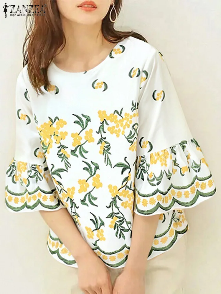 

ZANZEA Womens Casual Floral Print Blouses Elegant 3/4 Flared Sleeve O-Neck Loose Blusas Mujer Spring Summer Fashion Tunic Tops