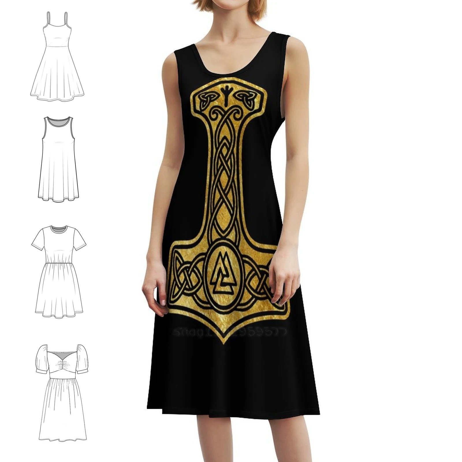 

MjLnir ( Hammer ) ( On Black ) Women's Streetwear Party Dress Trendy Print Club Clothing For Female Mjolnir MjLlnir God Tórr