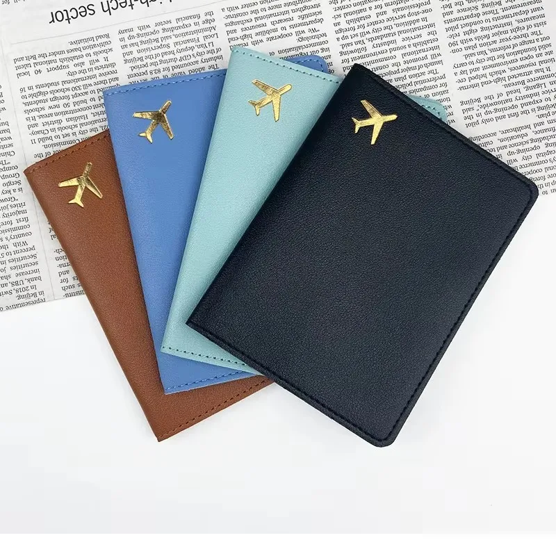 1pc novo couro do plutônio titular do passaporte ouro avião saco de passaporte portátil artesanal costura clipe de passaporte acessório de viagem capa