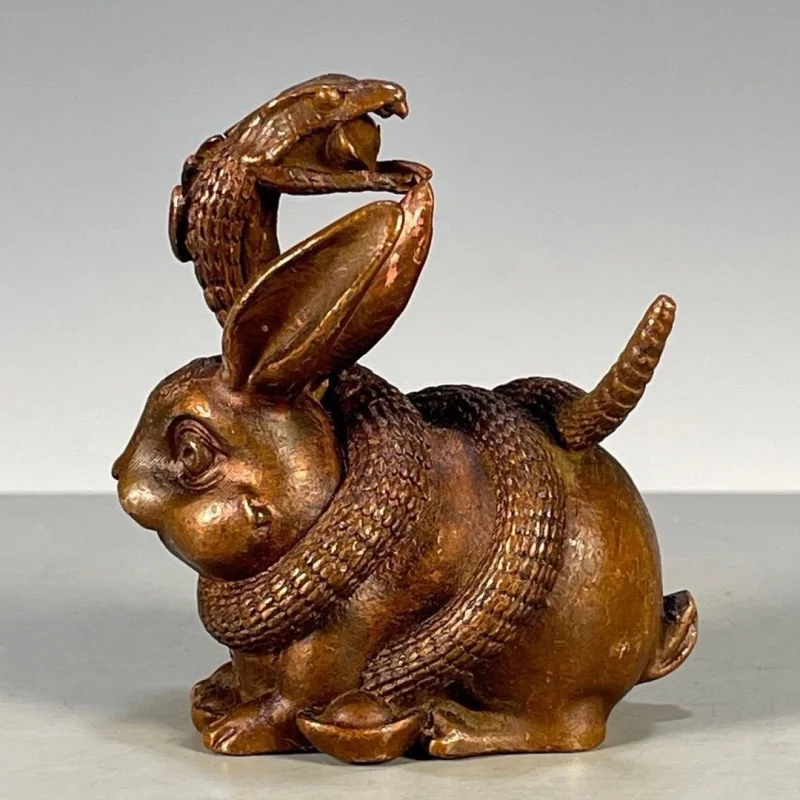 

Chinese antique bronze solid snake wrapped rabbit zodiac statue ornament Feng Shui wealth auspicious home decoration