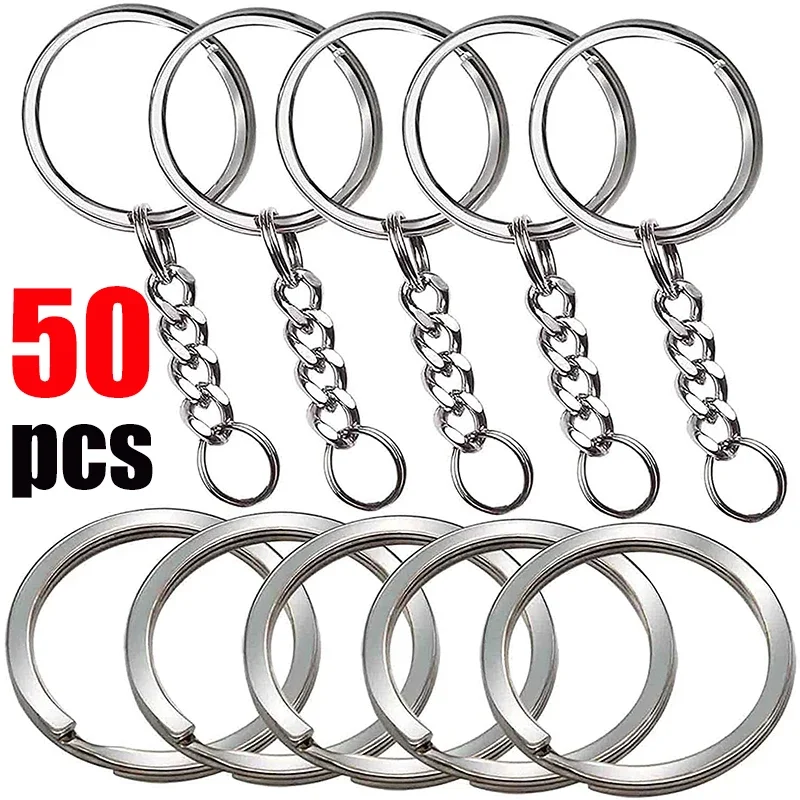 50pcs Silver Plated Metal Blank Keyring Keychain Split Ring Keyfob Key Holder Rings Women Men DIY Key Chain Key Ring Accessories