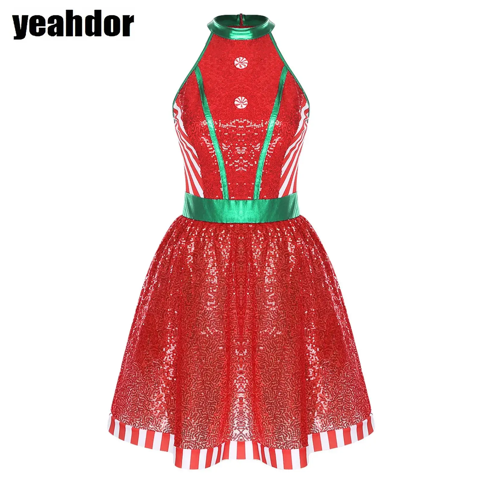 

Women Christmas Sequin Dance Dress Miss Santa Costume Halter Neck Sleeveless Color Block Candy Cane Sequins Tulle Dress Clothes