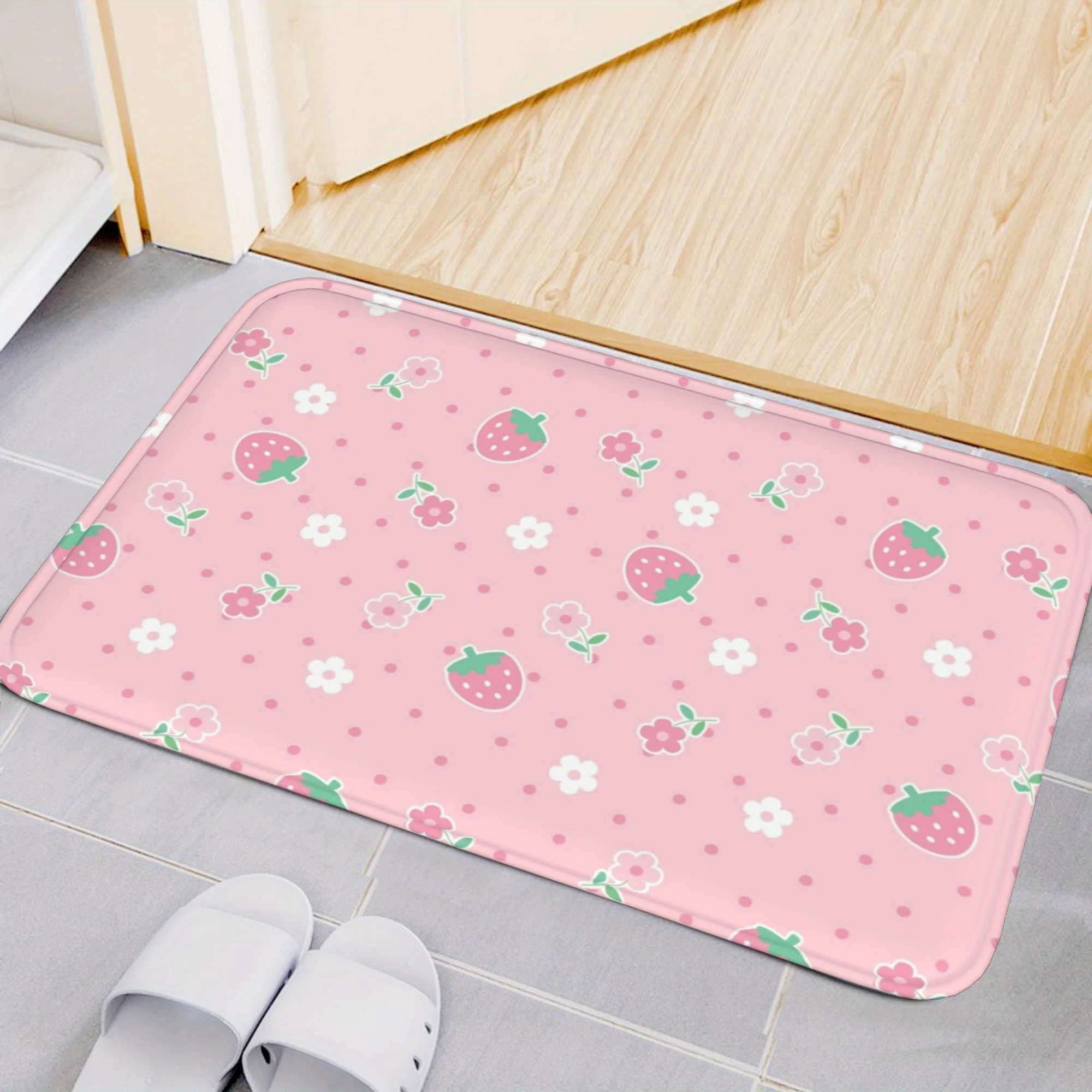 1pc Cute strawberry pink polka dot pattern floor mat, made of polyester fabric, suitable for bedroom and living room decoration.