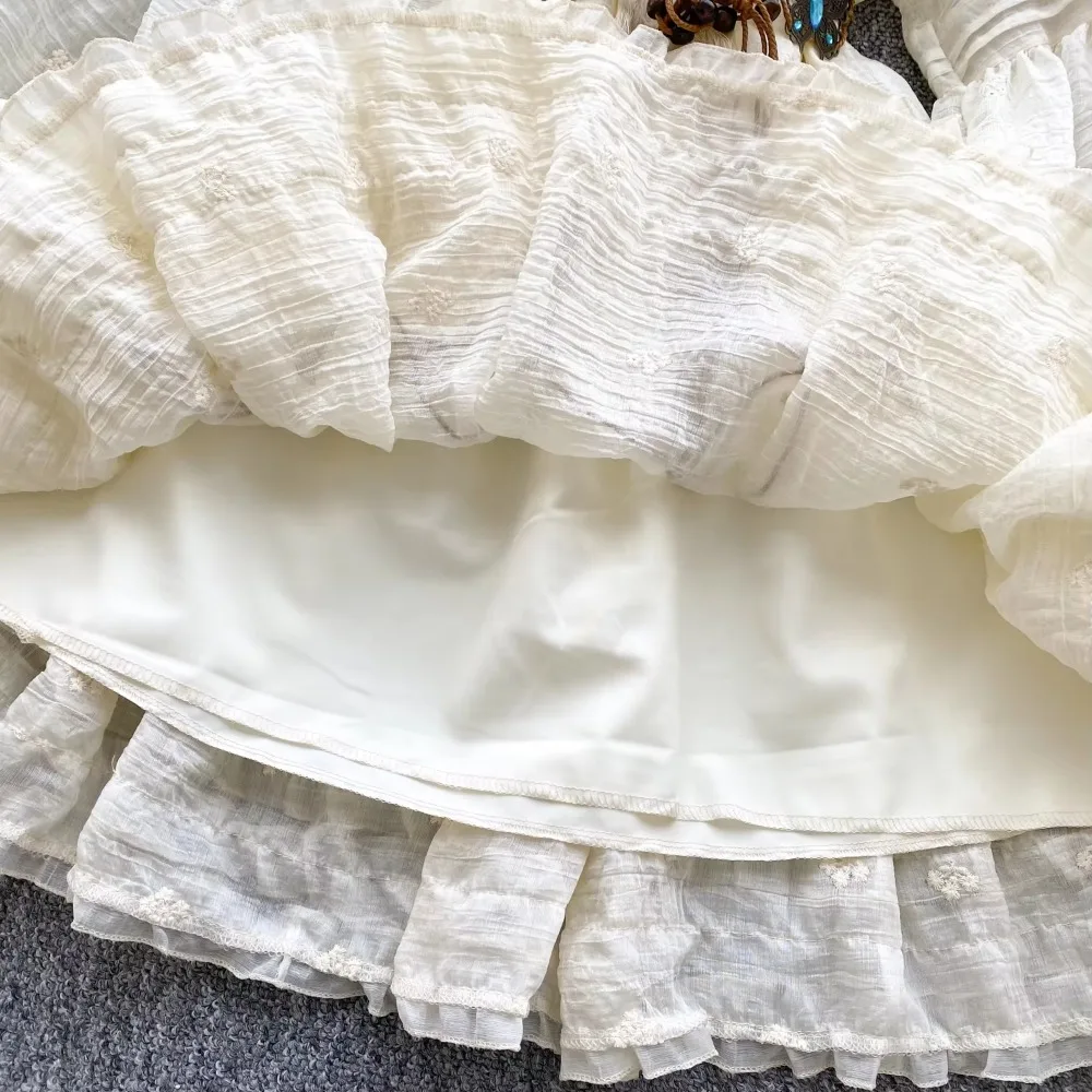 Sweet Embroidered O-neck Lace-up Vintage Lantern Long Sleeves Ruffle Slim Ball Gown Dresses French Vacation High Street Clothing