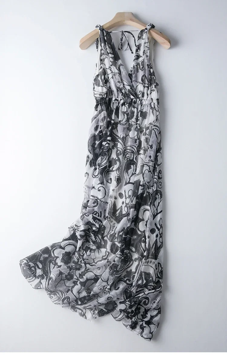 Elegant Silk Dress 2024 New Sleeveless Floral Dress High Waist Slim Deep V-neck Sexy Dress Maxi Dresses For Women Vestido Zm3229