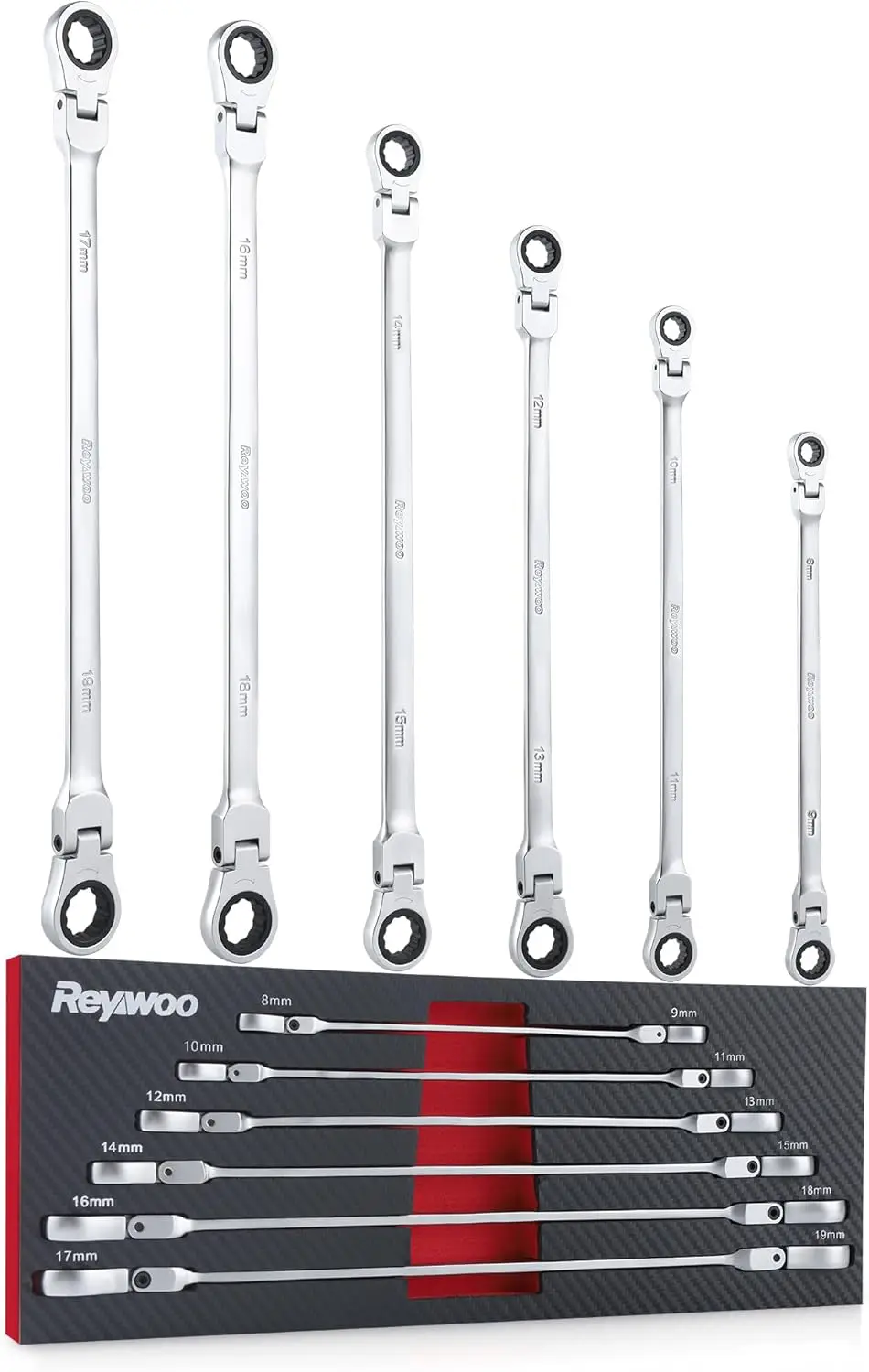 

6-Piece Metric Flex Head Ratcheting Wrench Set, 8-19mm Extra Long Design with 72-Tooth Gear