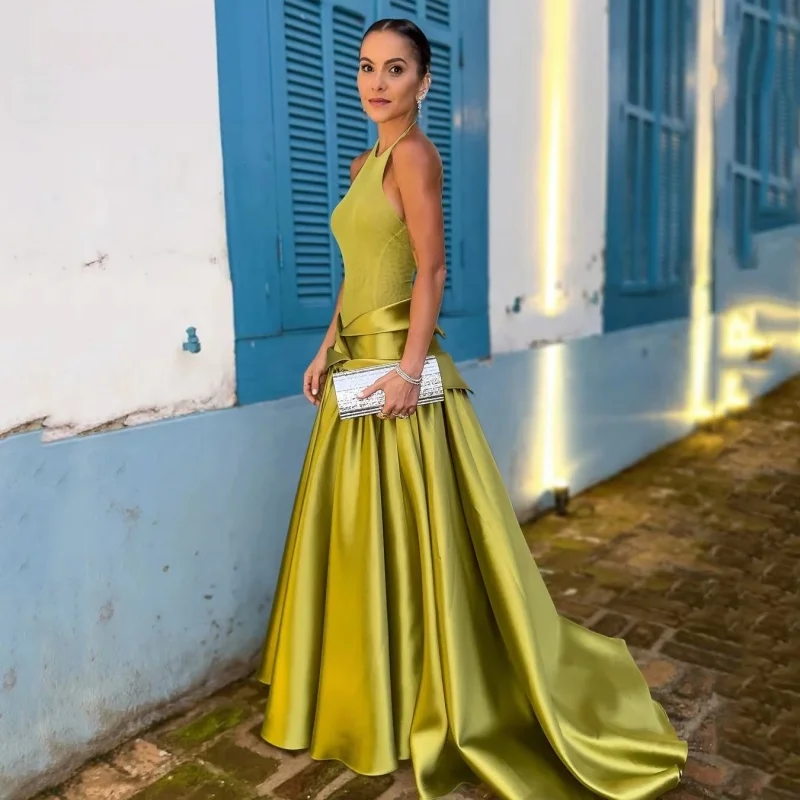 Women Halter Satin Long Evening Dresses Backless A Line Formal Prom Dresses Ladies Wedding Guest Party Dresses