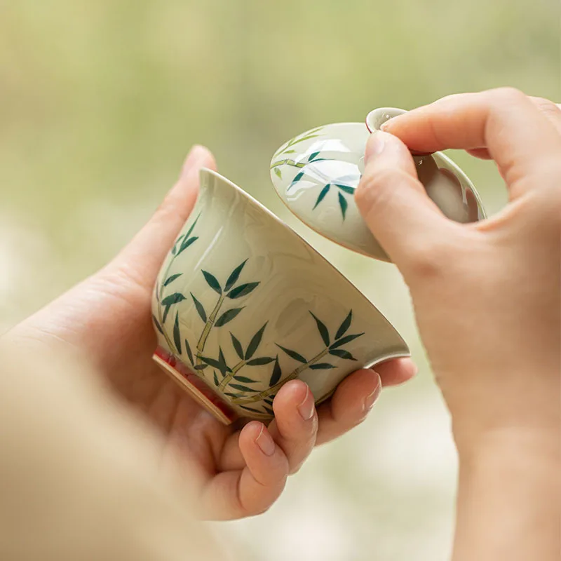 Secret Green Hand-painted Gaiwan Kung Fu Set Ceramic Handheld with Bamboo Elements Tea Room Brewing Bowl