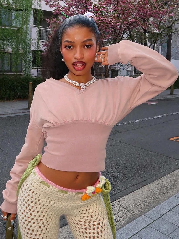 Yomesugar عادية الصوف المحاصيل هوديي المرأة محب المجهزة الخصر المرقعة الخامس الرقبة كم كامل قناع السترة Harajuku الشارع الشهير #1