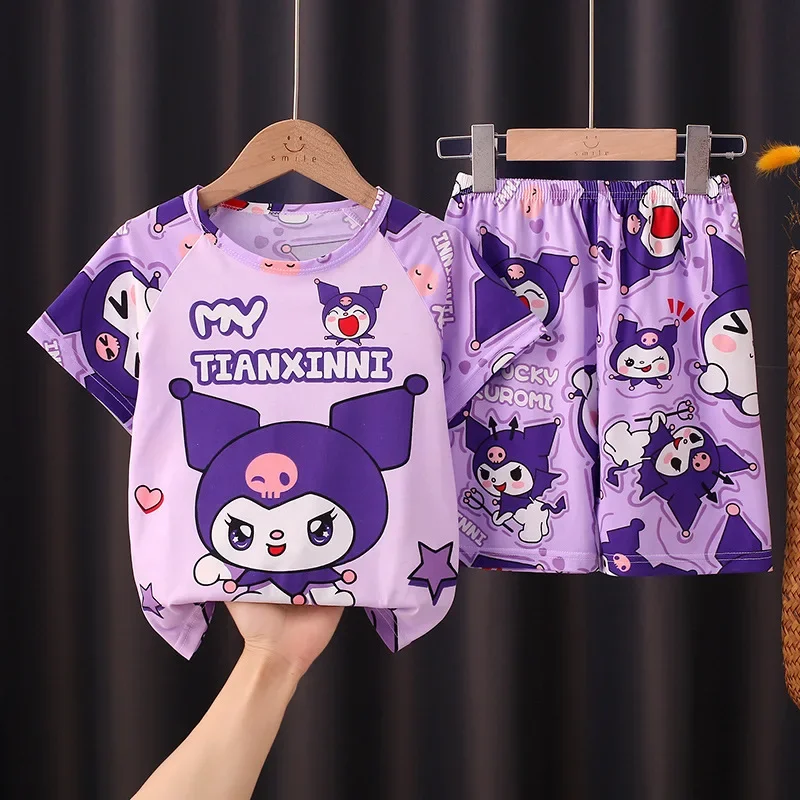 Sanrio Hello Kitty Kuromi Summer Children Pajamas Cinnamoroll My Melody Thin Cute Short Sleeved Clothing Set Cartoon Loungewear