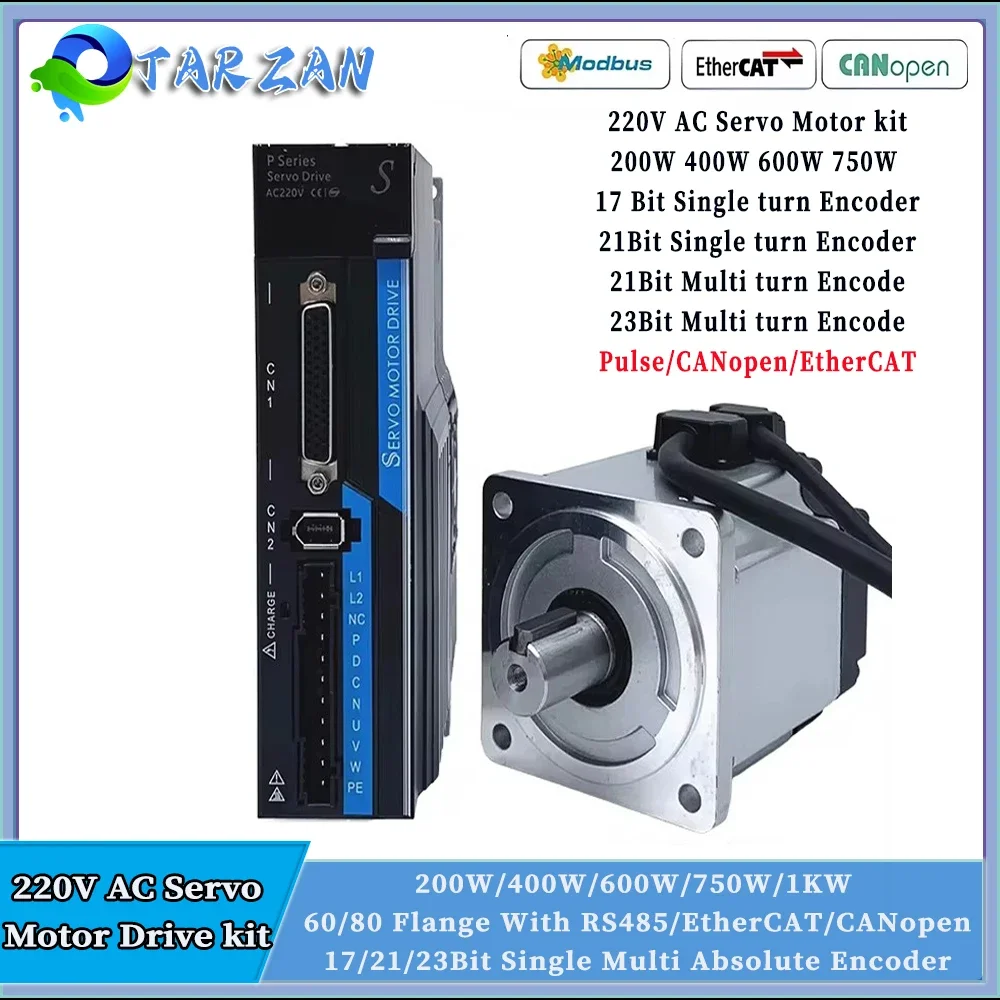 

220V AC Servo Motor Kit 200W 400W 600W 750W 1KW 60/80mm flange 17/21/23Bit Single Multi Absolute Encoder Pulse EtherCAT CANopen