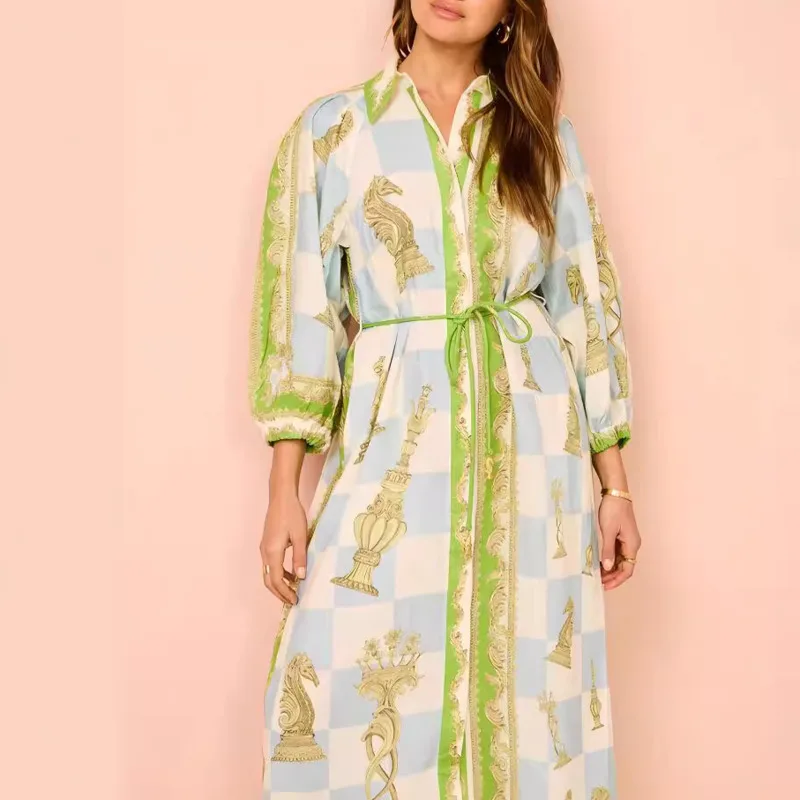 

Fashionable Lace Up Printed Long Shirt Personalized Casual Summer For Women's Clothing Architectural Printing Long Sleeved Dress