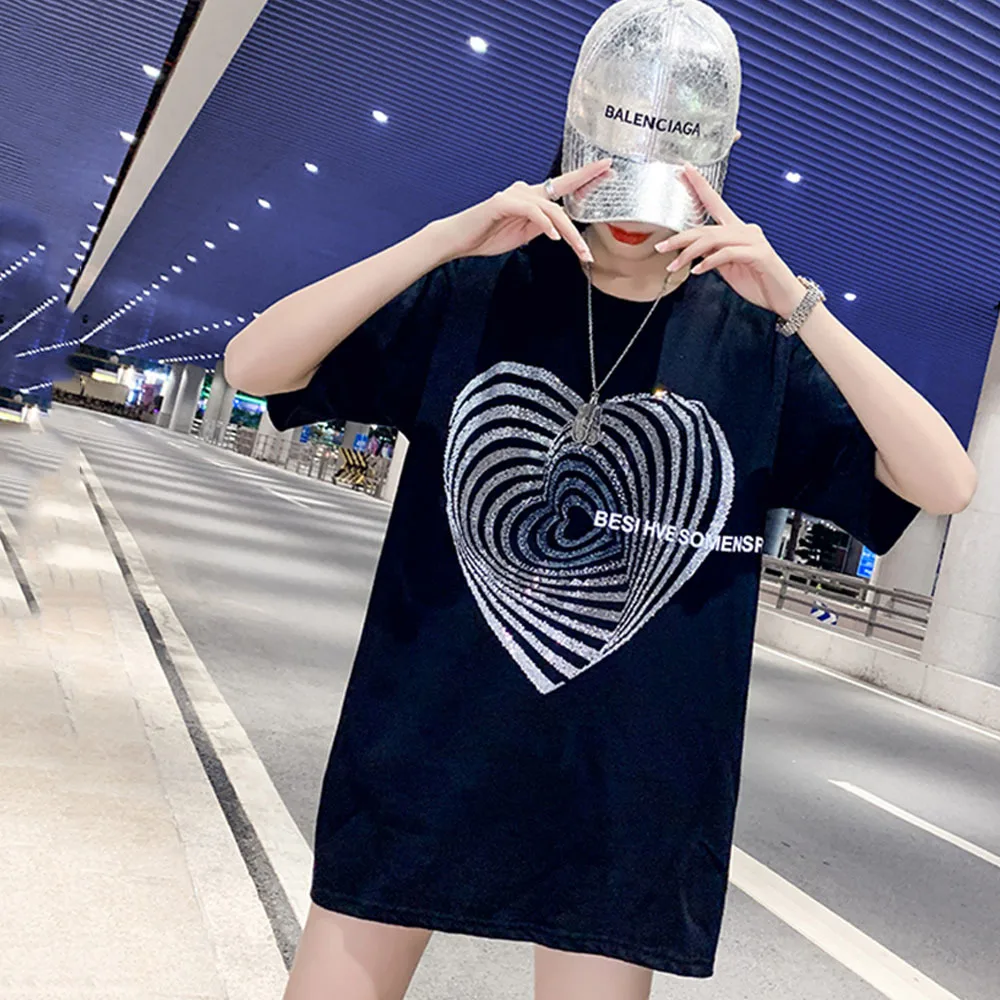2022 Summer Fashion Streetwear Rhinestone heart pattern T-Shirt Women Casual Loose Tees Lady Tops S-4XL 40-150KG