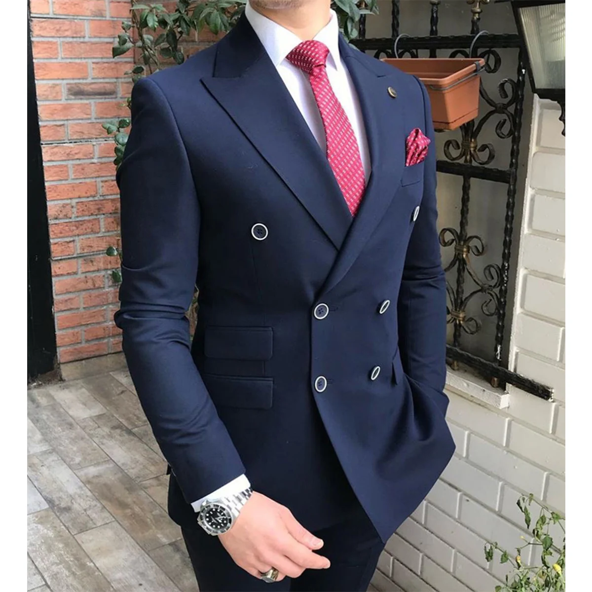 Only 1 pcs Jacket !!  Navy Men\'s Double Breasted Blazer Regular Fit Notch Lapel Solid Prom Tuxedos Formal Best Man Jacket