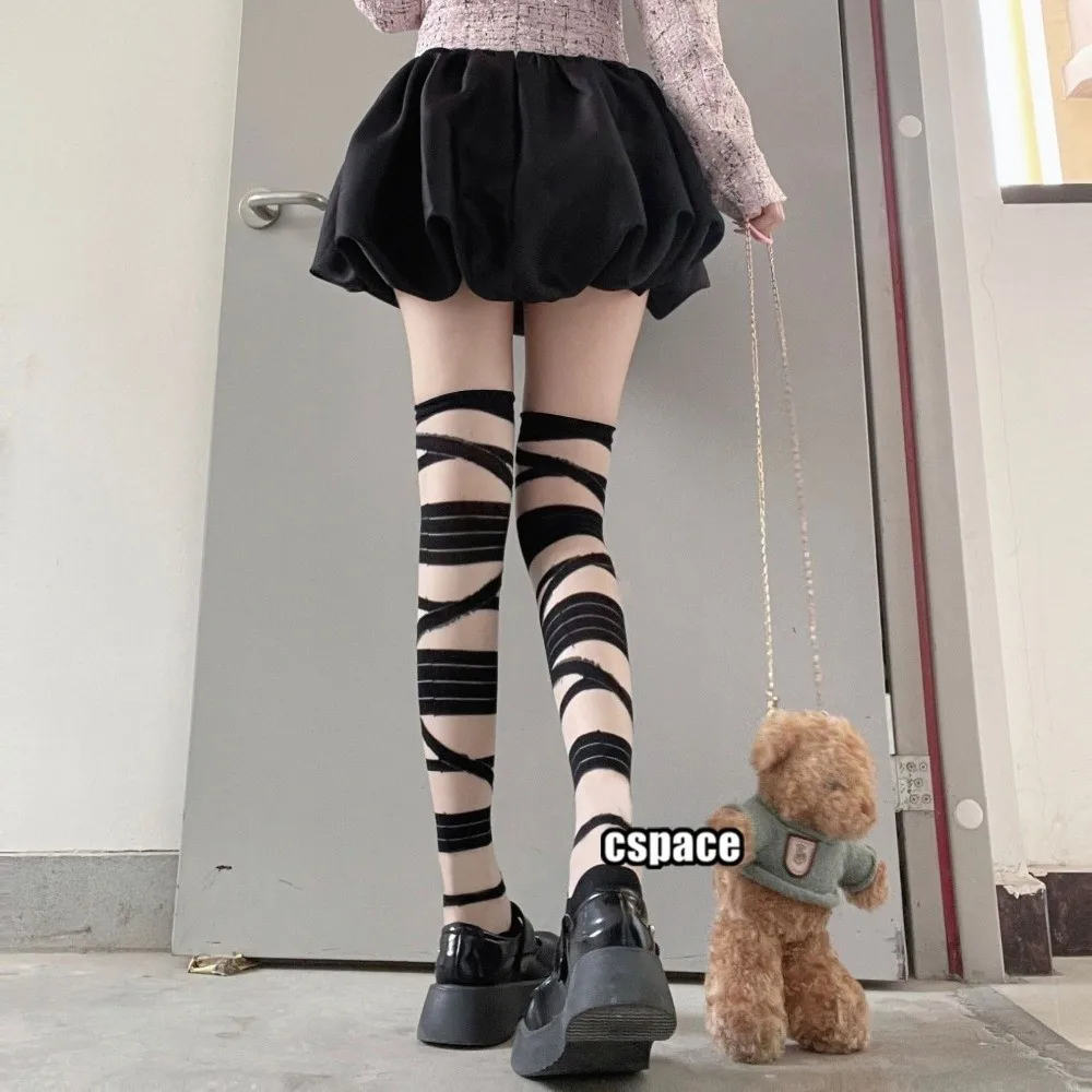 

Stylish Ultrathin Long Stockings Bandage Stripe Transparent Stripe Over The Knee Socks Nylon High Tube Socks Y2k Fashion