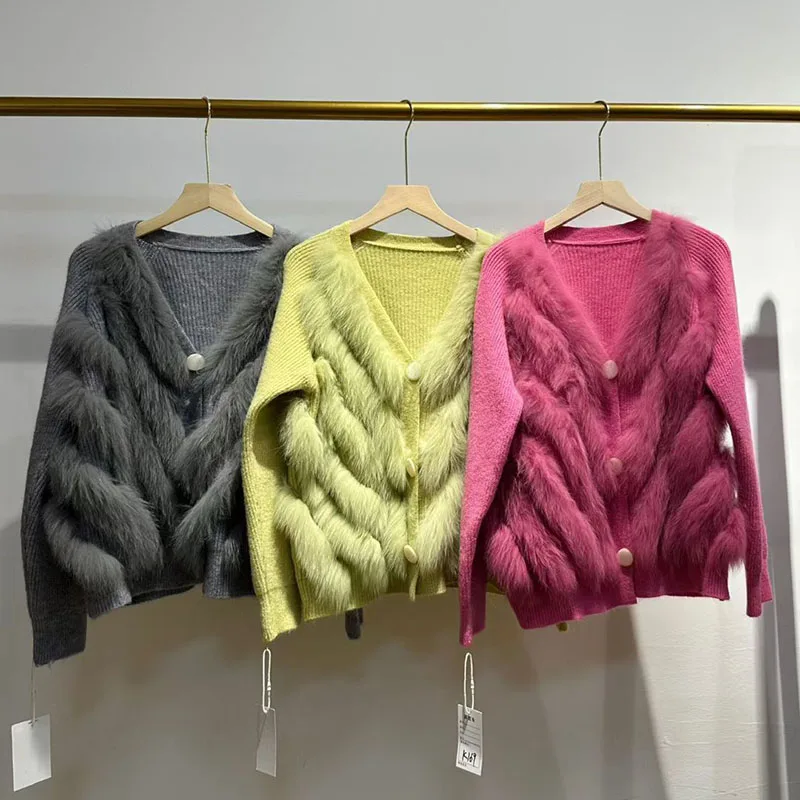 2025 Real Fox Fur Trim Cardigan With Button Long Sleeve Loose Women Fashion Knitted Open Stitch Sweater Female Winter Outwear
