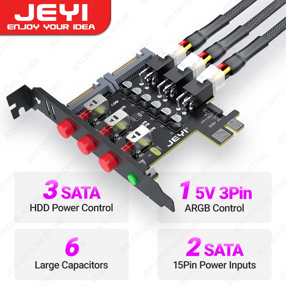 JEYI 3 Hard Drive Power Switch Module for 2.5/3.5 inch SATA HDD/SSD With ARGB Control,  HDD Management System With 12cm Bracket