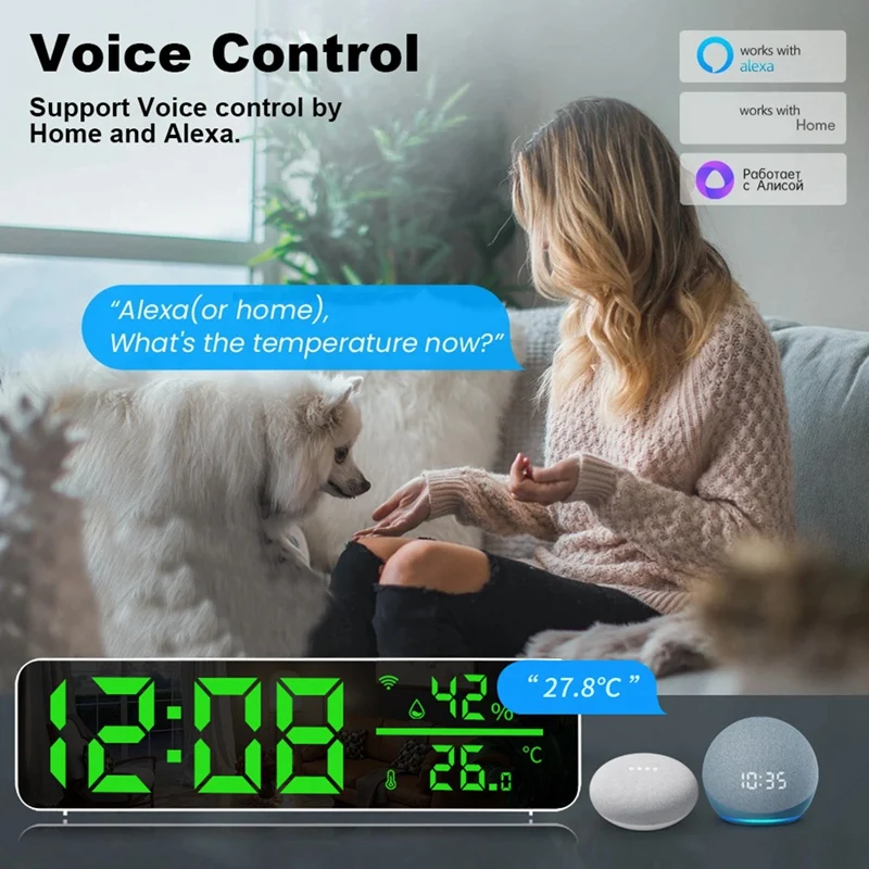 Reloj despertador Tuya Wifi de temperatura y humedad, reloj Digital LED multifunción para sala de estar, granja y oficina