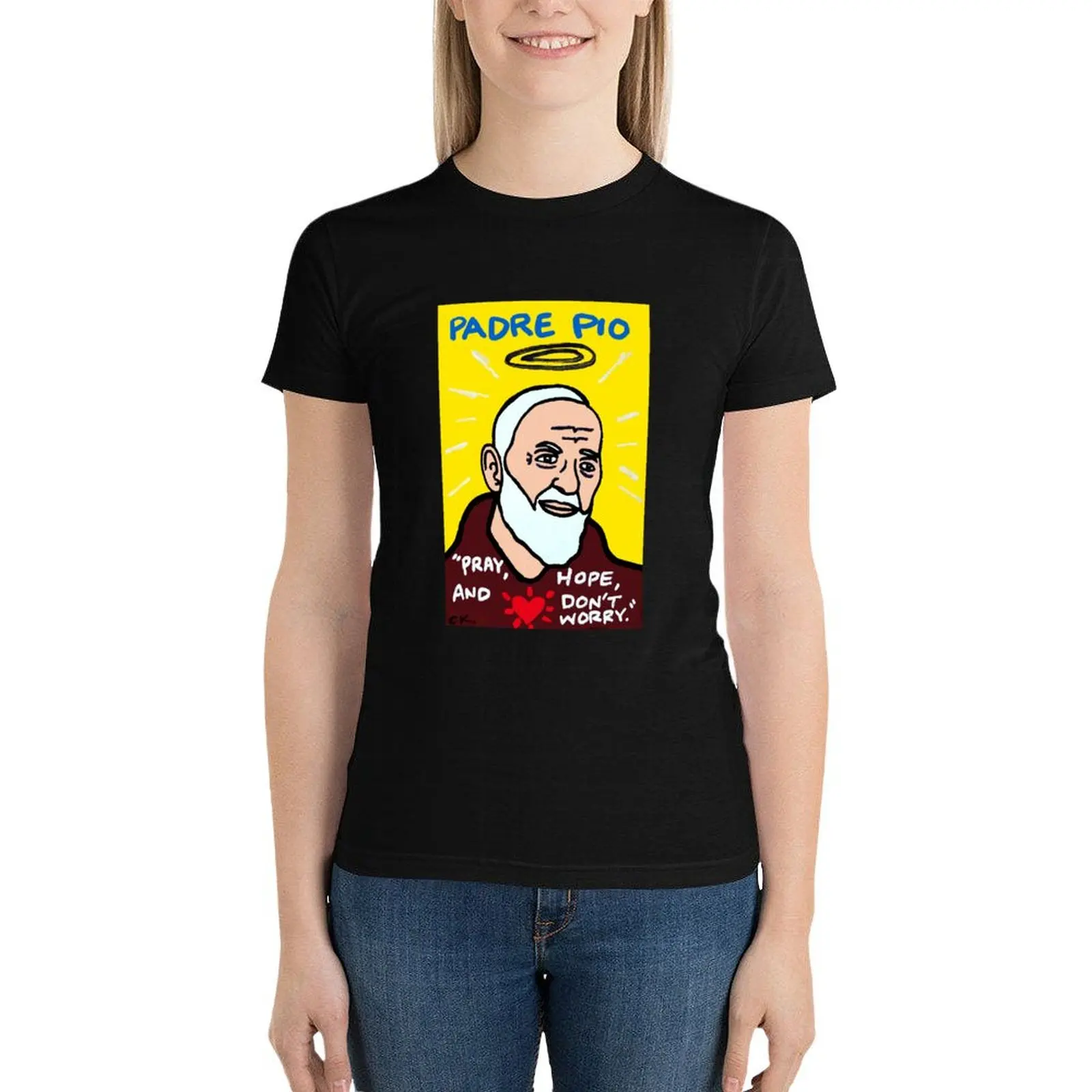 

St. Pio Religious Folk Art T-Shirt plus size tops summer top female tops for Women