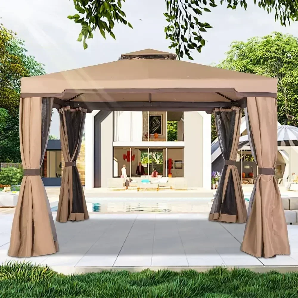 10x10 Outdoor Patio Gazebo with Mosquito Net and Double Top for Weddings and Events