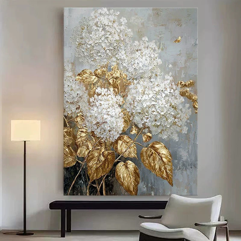 Beautiful Art Wall Picture Pure White Hydrangea Flower Handmade Abstract Oil Painting Canvas Gold Leaf Hanging Poster For Roo