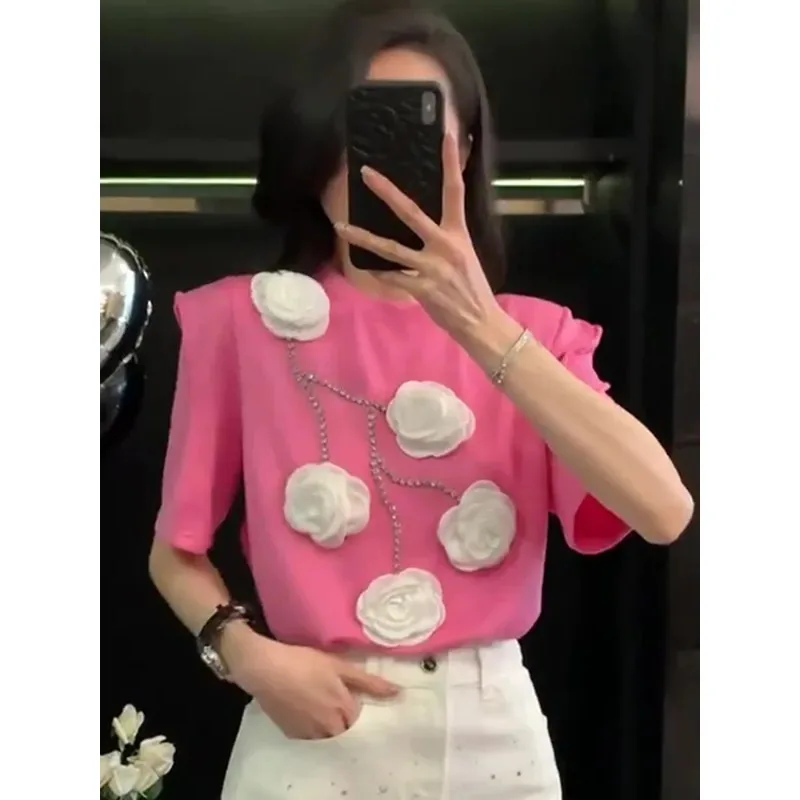 Women's Hot Pink Blouse 3D White Rose Chain Decor Short Sleeve Fashion Statement Top