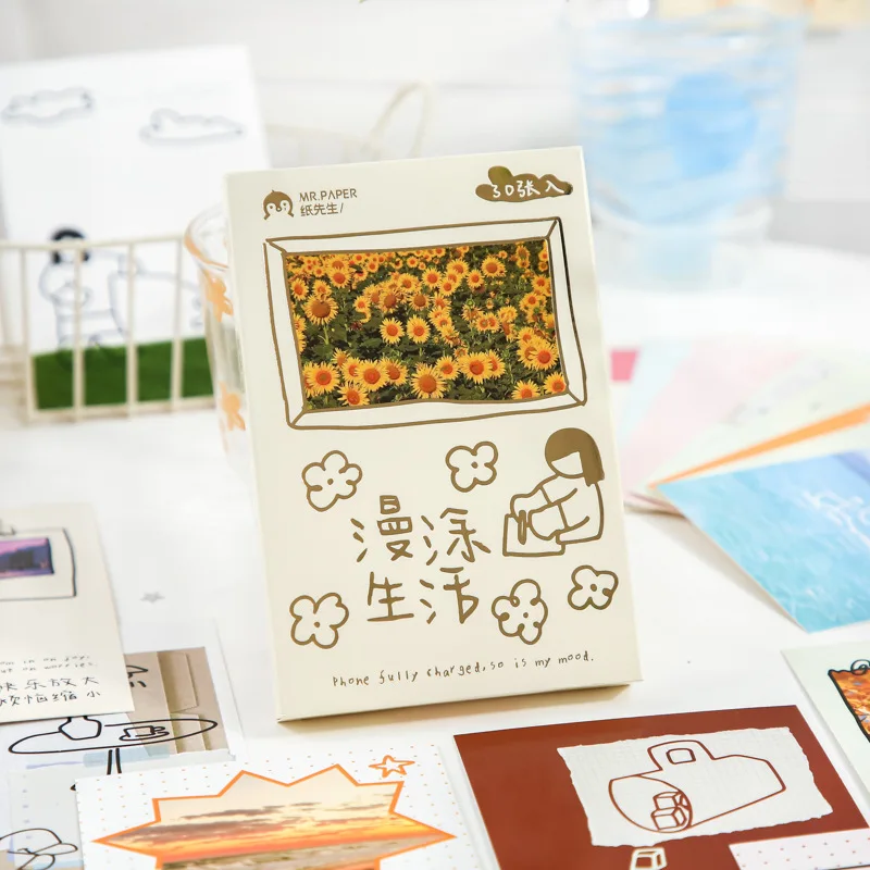 30Pcs Life in Strokes White Card Postcards Box Set Casual Life Aesthetic for Journaling Scrapbooking Craft Supplies