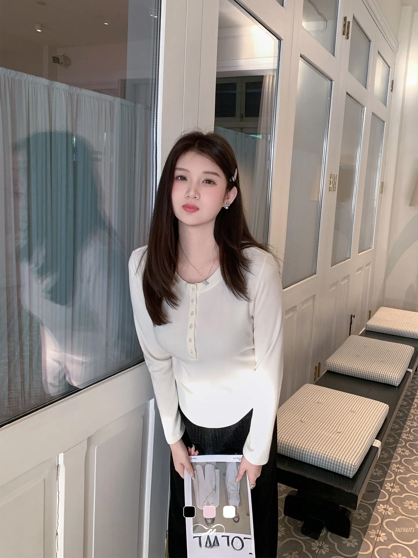 

plus Size Women's T-shirt Button Design round Neck Base Layer Long Sleeve Spring Casual Wear for Plump Women Slimming Effect