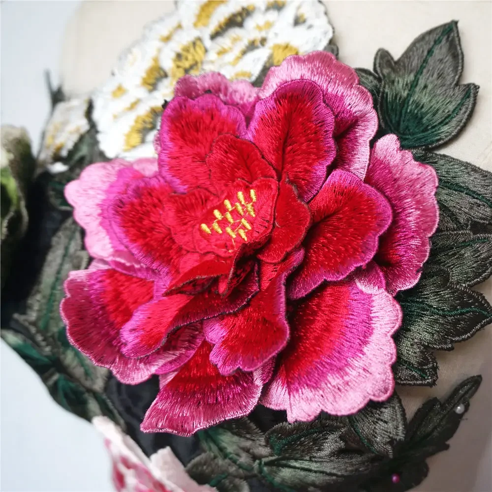 Embroidered 3D Peony Flowers Leaves Sew Patches Trimmings Applique For Wedding Dress DIY Decoration Craft