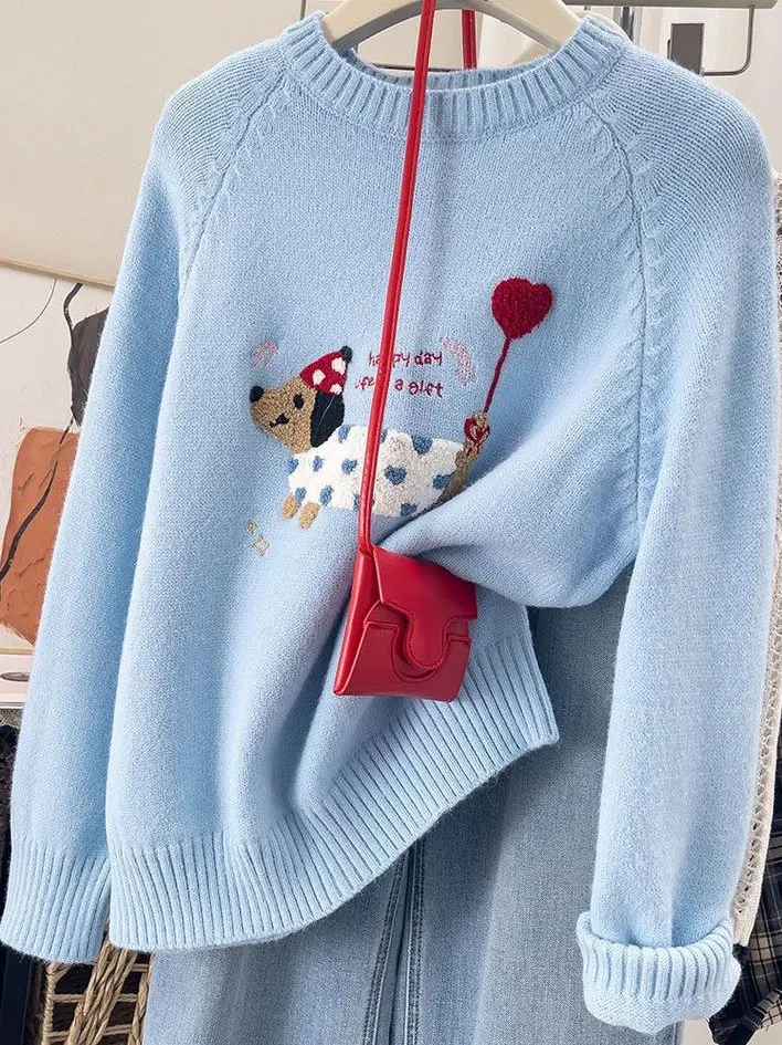 Suéter de punto de lana suave para mujer Otoño Invierno redondo Ne Long Sve bordado Casual Sle ajuste cómodo Faion Top