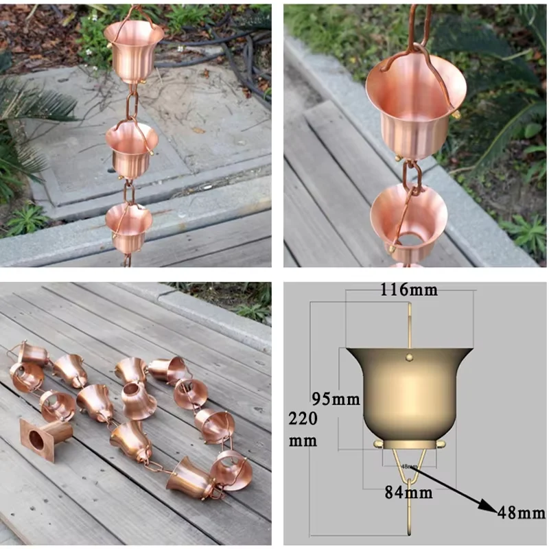 2.6m Red Copper Nordic Eaves Rain Bell Drainage Chain