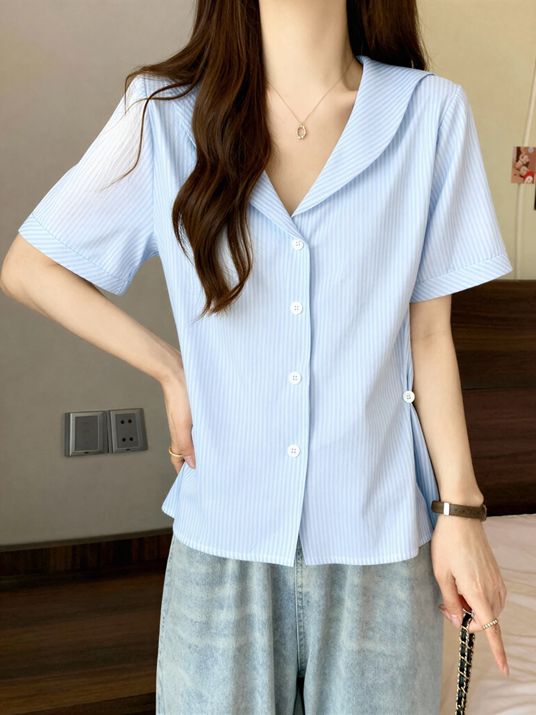 

Unique Beautiful Blue Striped Short Sleeve Shirt Women Summer plus Size Slimming Top Korean Style Loose Fit Button down