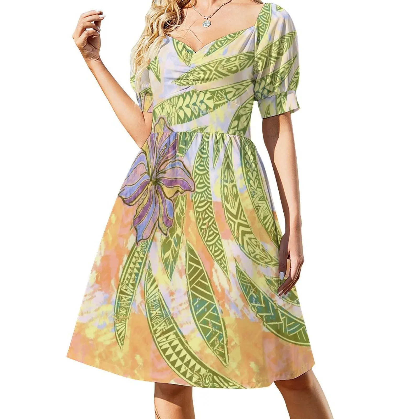 

Vintage Hawaiian - Samoan Ocean Green Painted Tribal Leaves Short Sleeved Dress Women's summer dresses Long dress Dress