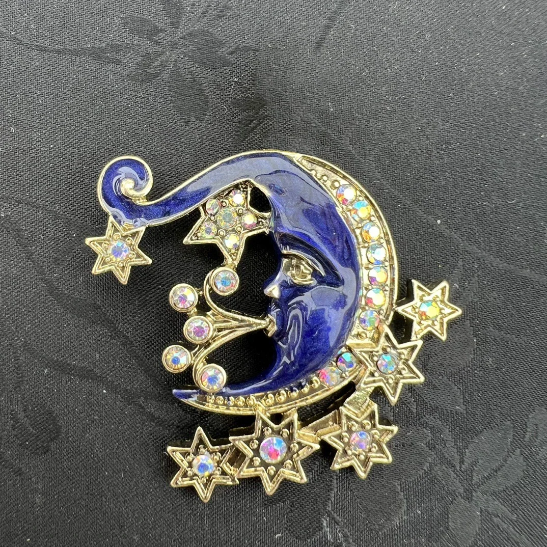 Vintage Dreamy Cute Delicate Heavy Blue Enamel Star Moon Brooch Large Size Luxury Jewelry Unisex Badges Retro Pins